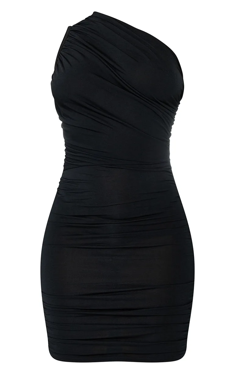 Shop Black Slinky Ruched One Shoulder Bodycon Dress Online in Oman Shop Black Slinky Ruched One Shoulder Bodycon Dress Online in Oman