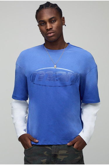 Oversized Washed Faux Layer Printed T-Shirt - cobalt