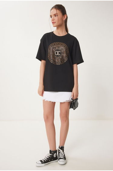Women's Black Stylish Stone Knitted T-Shirt