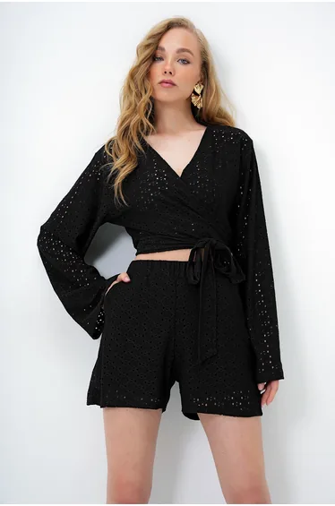 Women's Black Double Breasted Collar Waist Tie Guipure Blouse and Lined Shorts Set