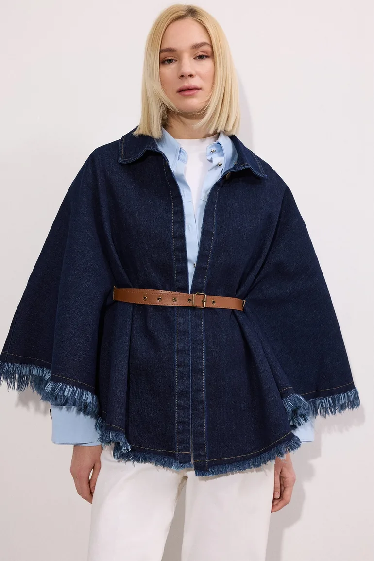 DENIM PONCHO WITH BELT DETAILS - 3