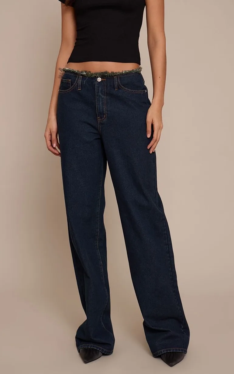 Tall Indigo Fray Waist Low Rise Straight Leg Jeans - 1