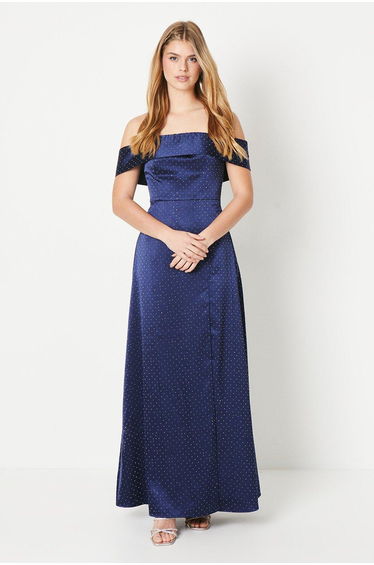 Debut London by Coast Bardot Satin Diamante Prom Dress - navy