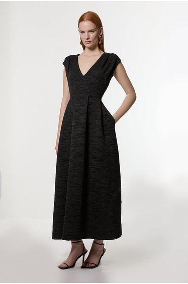 Crinkle Satin Pleated Sleeveless Full Skirt Tailored Maxi Dress