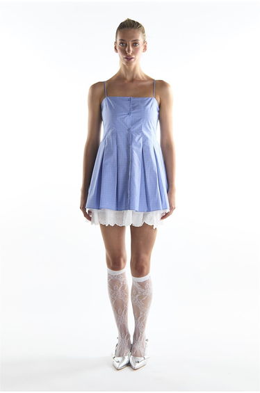 Cornflower Check Pleated Mini Dress