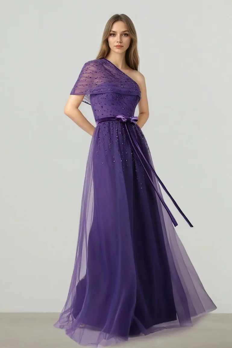 violet chiffon dress Sawyer Flowing V Neck Ruffles Slit Chiffon Dresses, Dusty Purple