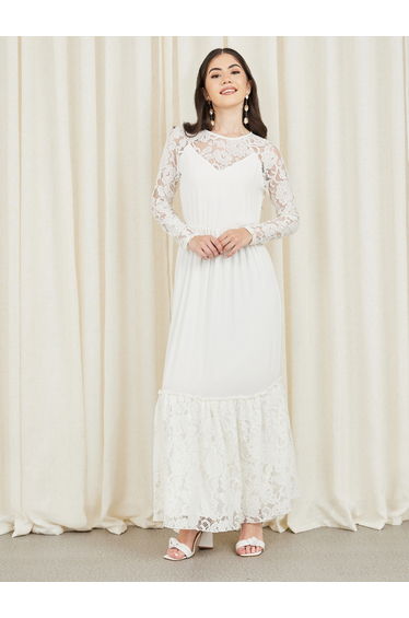 Lace Sheer Detail A-Line Tiered Maxi Dress