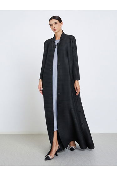 Solid Textured Pleated Belted Button Front Detail Long Sleeve Abaya