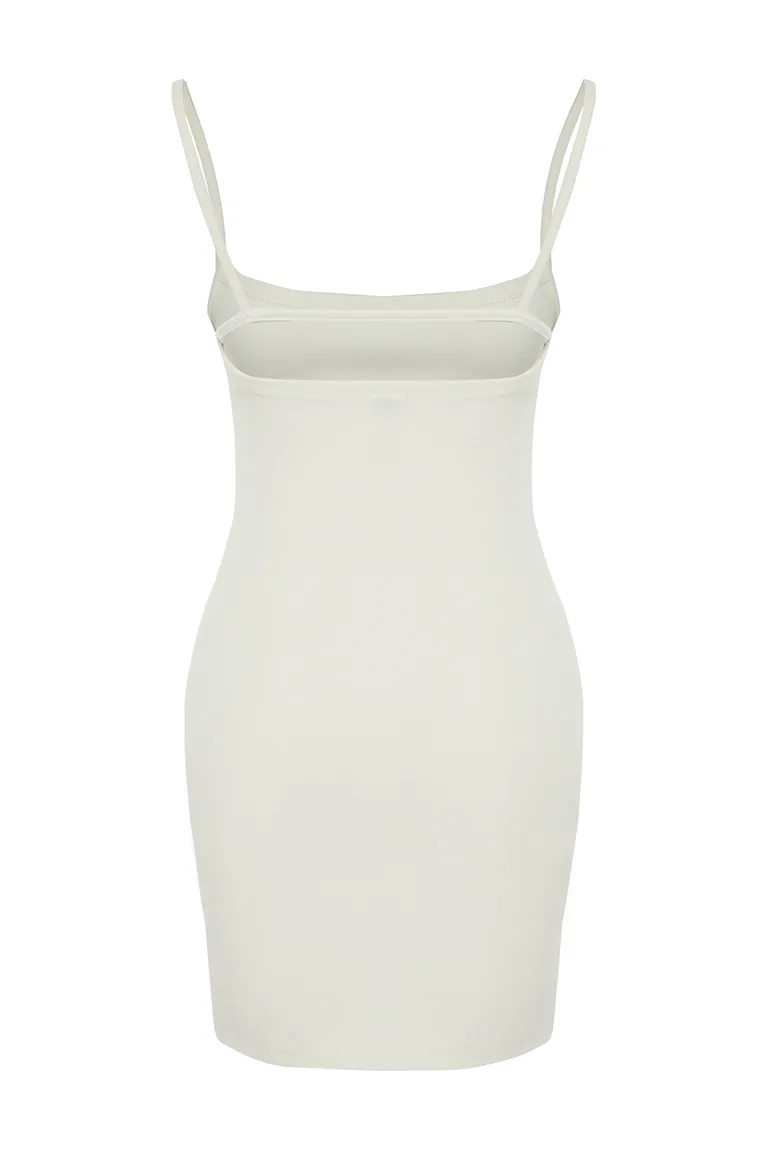 Ecru Strap Stretch Bodycone/Sleeping Knitted Mini Dress - 7