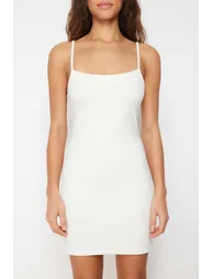 Ecru Strap Stretch Bodycone/Sleeping Knitted Mini Dress - 3
