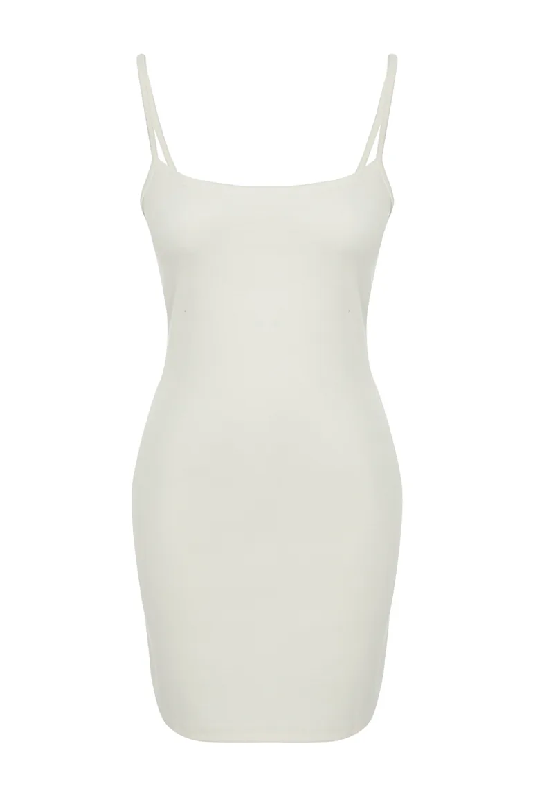 Ecru Strap Stretch Bodycone/Sleeping Knitted Mini Dress - 6