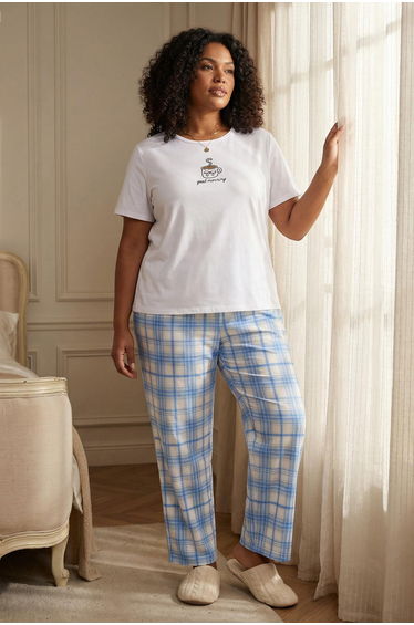 Grey-Blue Plaid Plus Size Pajama Set