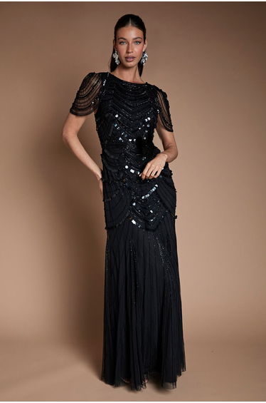 Cape Shoulder Embellished Maxi Dress