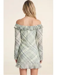 Check Chiffon Ruffle Bardot Mini Dress - 1