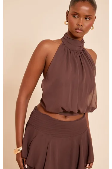 Chocolate Chiffon Ruched High Neck Top