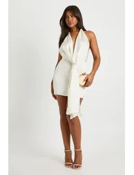 Satin Halter Neck Plunge Drape Detail Mini Dress - ivory