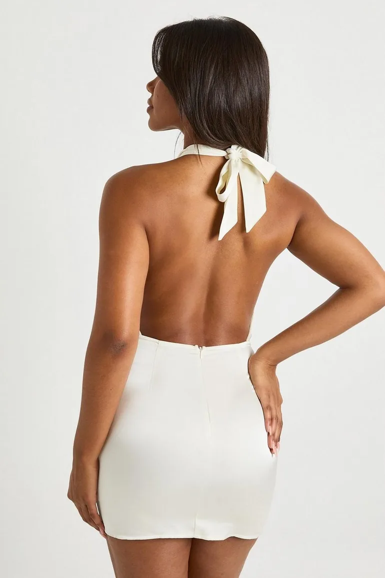 Satin Halter Neck Plunge Drape Detail Mini Dress - ivory - 2