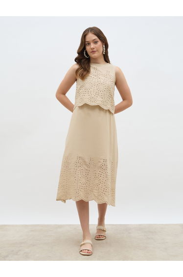 Women Beige Schiffli Sleeveless A-Line Midi Dress