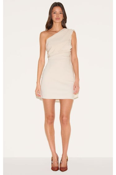 Almond Woven Drape Shoulder Mini Dress