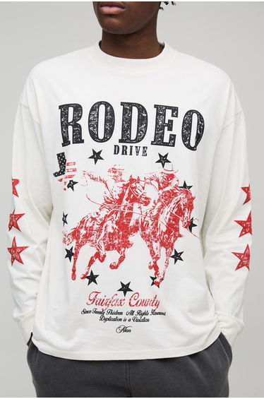 Ecru Oversized Rodeo Drive Star Long Sleeve Washed Graphic T-Shirt - ecru