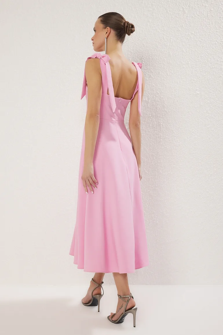 Pink A-Line Strap Detailed Woven Evening Dress Graduation Dress - 4