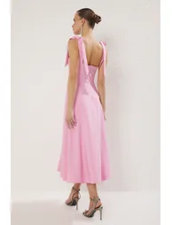 Pink A-Line Strap Detailed Woven Evening Dress Graduation Dress - 4
