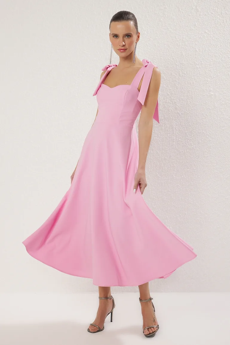 Pink A-Line Strap Detailed Woven Evening Dress Graduation Dress - 1
