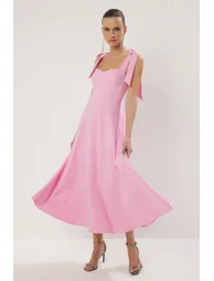 Pink A-Line Strap Detailed Woven Evening Dress Graduation Dress - 1