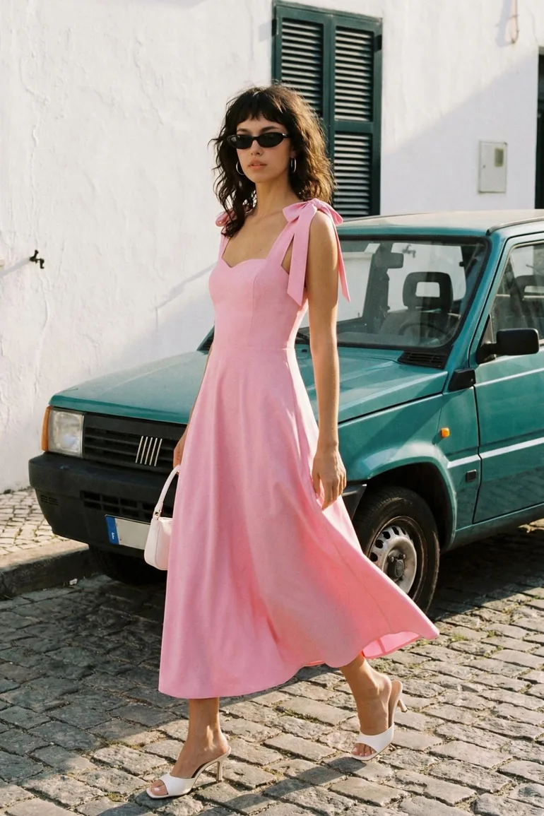 Pink A-Line Strap Detailed Woven Evening Dress Graduation Dress - 2