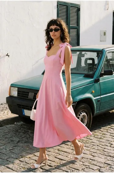 Pink A-Line Strap Detailed Woven Evening Dress Graduation Dress