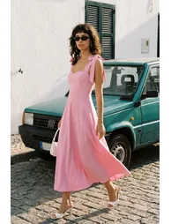 Pink A-Line Strap Detailed Woven Evening Dress Graduation Dress - 2