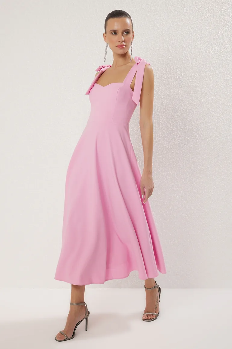 Pink A-Line Strap Detailed Woven Evening Dress Graduation Dress