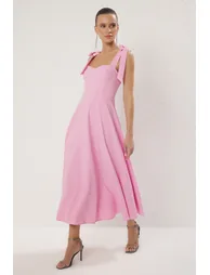 Pink A-Line Strap Detailed Woven Evening Dress Graduation Dress