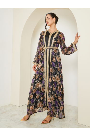 Women Black Printed Embroidered Golden Lace Kaftan