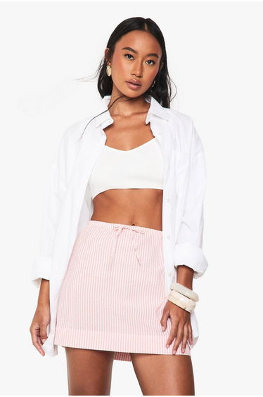 Seersucker Stripe Drawstring Waist Skirt