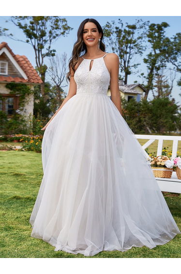 NORESSA'S BRIDE|A-Line Halter Neck Applique Wedding Dress with Tulle