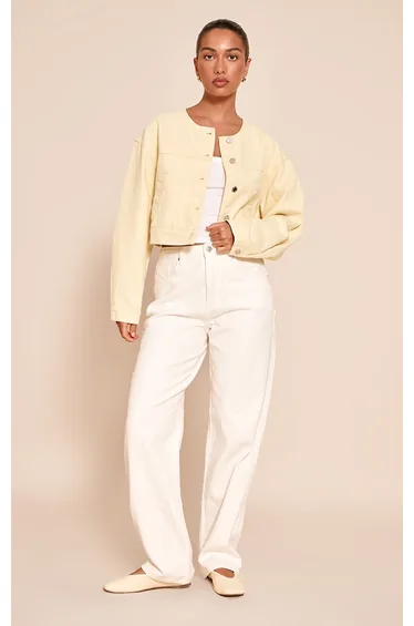 Butter Cream Collarless Cropped Denim Jacket