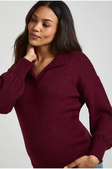 سترة بوهو أحمر محبوك بأكمام طويلة - للحوامل