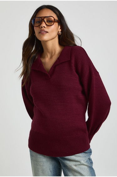 Maternity Collared Oversized Jumper - burgundy