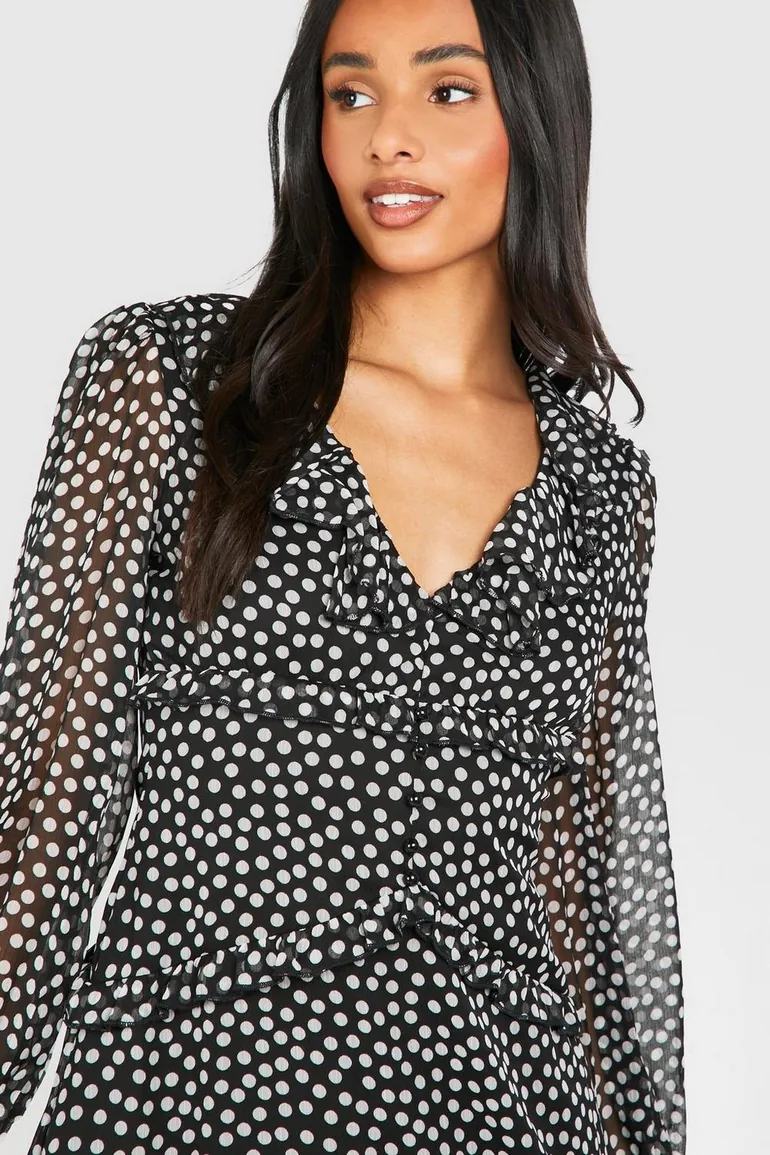 Tall Polka Dot Chiffon Ruffle Midaxi Dress - black - 3