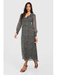 Tall Polka Dot Chiffon Ruffle Midaxi Dress - black
