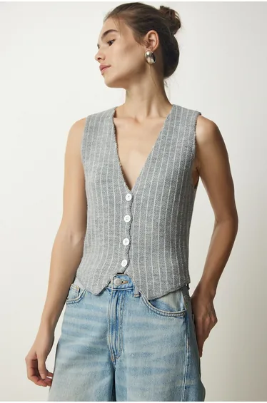 Women's Gray Striped Raised Knitwear Vest