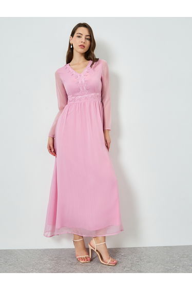 Pink Lace Trim V Neck Maxi Dress