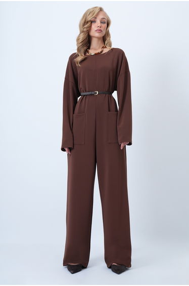 Brown Crew Neck Comfortable Cut Jumpsuit with Zipper on the Back