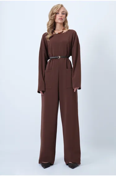 Brown Crew Neck Comfortable Cut Jumpsuit with Zipper on the Back