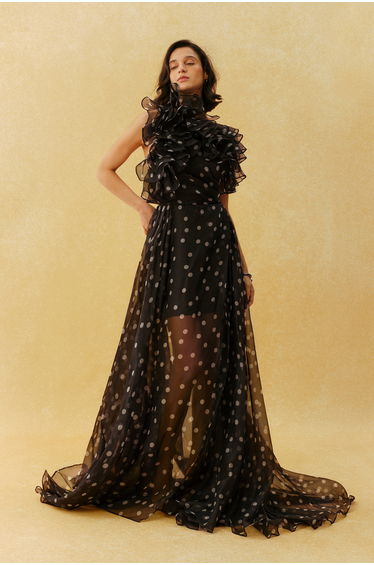 Playful Elegance Black Polka Dot Ruffle Neck Maxi Dress