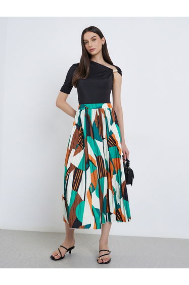 Womens Geometric Print Pleated A-Line Maxi Skirt