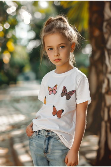 Girl's White Butterfly Patterned Knitted T-Shirt