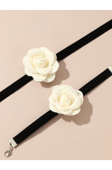 Pack of 2 - White Flower Choker Necklace and Bracelet