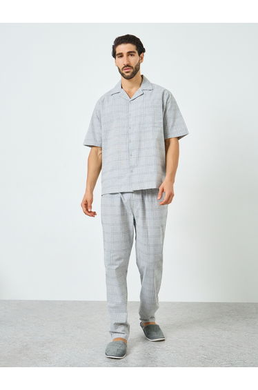 Grey Relaxed Checked Cotton Shirt and Pyjama Set